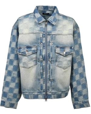 BREATH Check-Pattern Distressed Denim Jacket - Blue