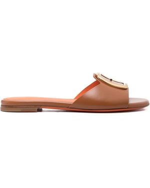 Santoni Leather Mules With Bold Buckle Detail - Brown