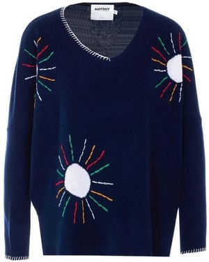 Not Shy Embroidered V-Neck Cashmere Sweater - Blue