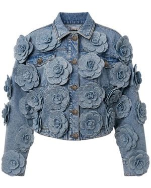 Philipp Plein Cropped Denim Jacket All-Over Roses - Blue