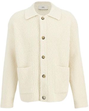 Ami Paris Cardigan Con Colletto A Coste - Bianco