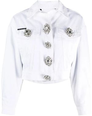 Philipp Plein Crystal Button Cropped Denim Jacket - Blue