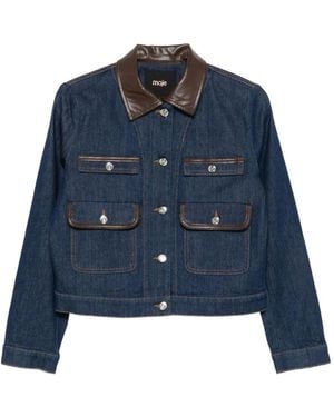 Maje Leather-Collar Denim Jacket - Blue