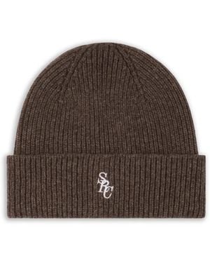 Sporty & Rich Ribbed Embroidered-Logo Beanie Hat - Brown