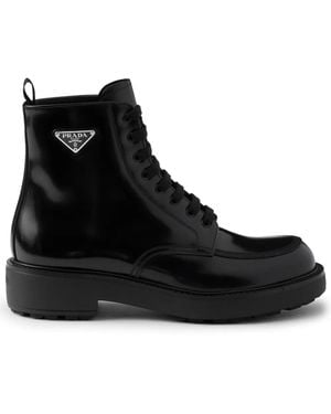Prada Leather Logo-Plate Lace-Up Boots - Black