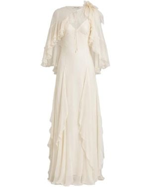 Alberta Ferretti Ruffled Silk Cape Maxi Dress - Natural