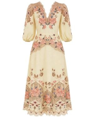 FARM Rio Floral-Embroidered Midi Linen Dress - Metallic