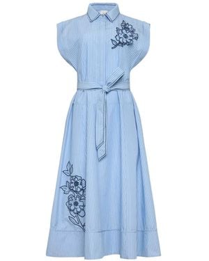 Cinq À Sept Callie Floral-Embroidered Striped Dress - Blue