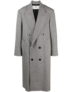 Ami Paris Herringbone-pattern Double-breasted Coat - Grey