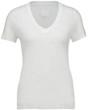 120% Lino Camiseta Con Cuello En V Y Manga Corta - Blanco
