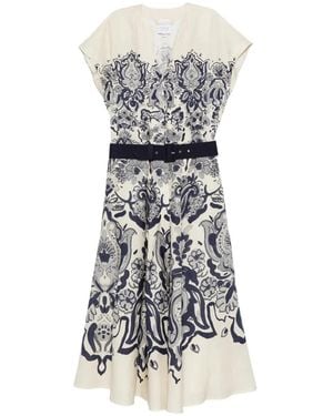 Sara Roka Glady Damask-Belt Midi Dress - White