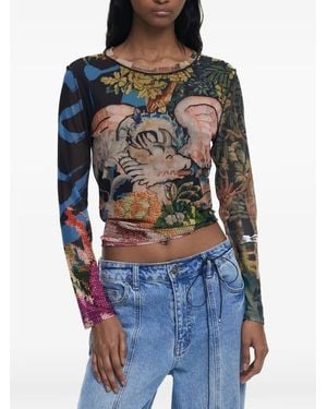 Desigual Floral-Print Mesh T-Shirt - Blue