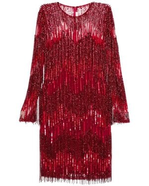 Naeem Khan Beaded-Fringe Dress - Red