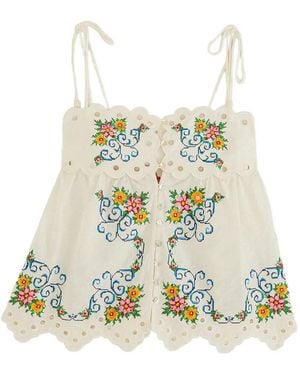 FARM Rio Floral-Embroidered Scalloped Top - White