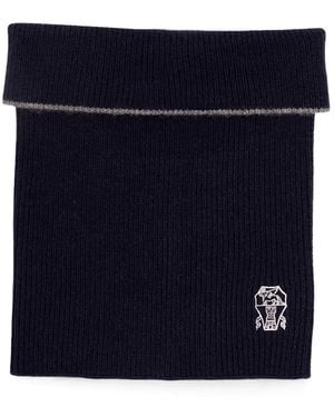 Brunello Cucinelli Embroidered-Logo Ribbed Scarf - Blue