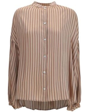 Kristina Ti Vertical-Stripe Gathered-Sleeve Shirt - Brown