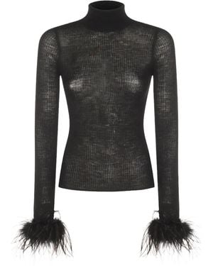 Blumarine Feather-Trimmed Ribbed-Knit Jumper - Black