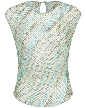 Twp Bead-Embellished Mesh Top - Blue