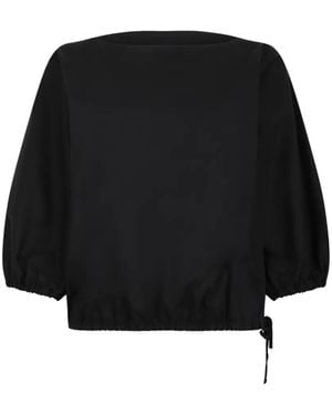 Douuod Drawstring-Hem Puff-Sleeve Blouse - Black