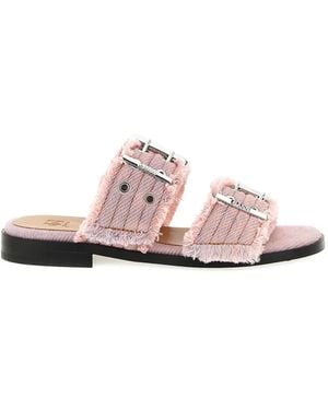 Ganni Fringed Denim Buckle Cameo Textile Sandals - Pink