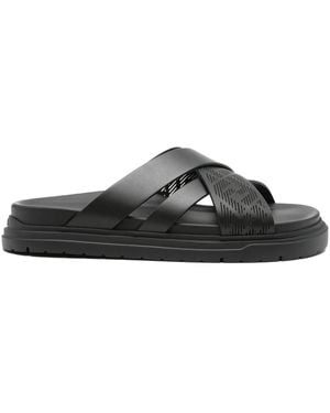 Fendi Cross-Strap Leather Slides - Gray