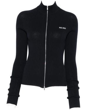 Miu Miu Logo-Embroidered Zip-Up Cardigan - Black