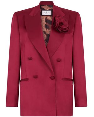 Philipp Plein Double-Breasted Floral-Appliqué Blazer - Red