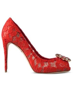 Dolce & Gabbana Taormina Lace Crystal-Embellished Peep-Toe Pumps - Red