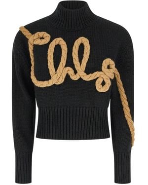 Chloé Logo-Embroidered Cable-Knit Sweater - Black