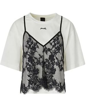 Pinko Lace-Overlay Logo-Embroidered T-Shirt - Gray