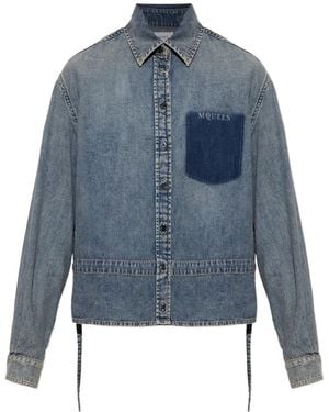 McQueen Logo-Print Chest-Pocket Denim Jacket - Blue
