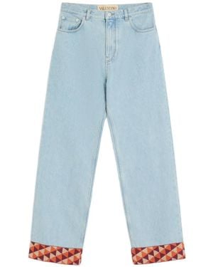 Valentino Garavani Denim Trousers With Jacquard Hem - Blue