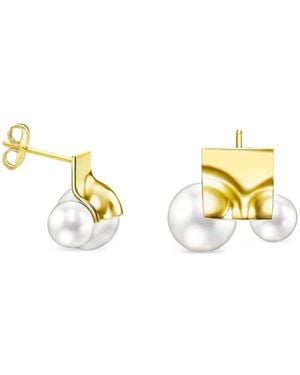 Tasaki 18K M/G Square Leaf Pearls Earrings - Metallic