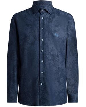 Etro Cotton Denim Shirt With Leafy Paisley Motif And Pegaso - Blue