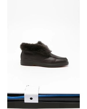 Santoni Shearling-Trim Pebbled Leather Loafers - Black