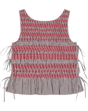 Ganni Check-Print Smocked Top - Red