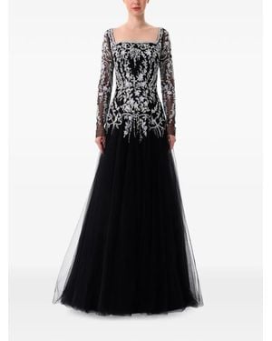Dina Melwani Filigree-Embellished Tulle Maxi Dress - Black