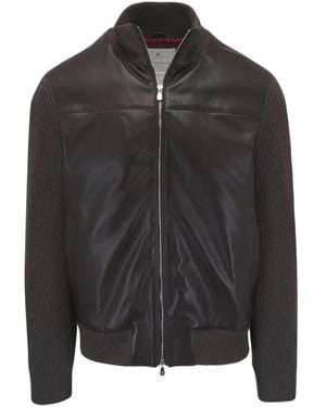Brunello Cucinelli Leather-Paneled Ribbed-Knit Jacket - Black