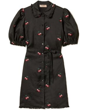 Twinset Short Ramie Dress With Embroidery - Black