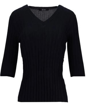 LA ROSE Ribbed-Knit V-Neck Top - Black