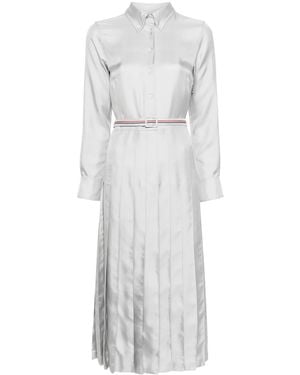 Thom Browne Rwb-Stripe Belted Silk Shirtdress - Grey