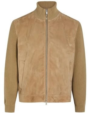 BOSS Knit-Sleeves Suede Jacket - Natural