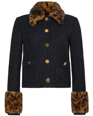 Cara Cara Benecio Leopard-Trim Tweed Jacket - Blue