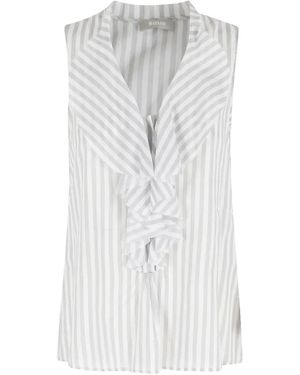 Kiltie Stripe-Pattern Ruffled Top - White