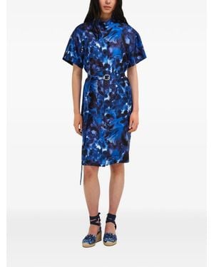 Ferragamo Carnation-Print Silk Shirt Dress - Blue