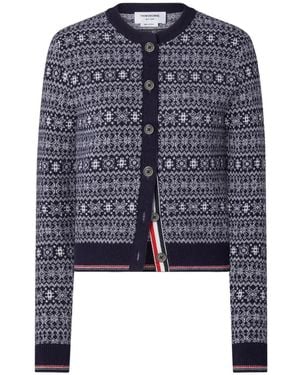Thom Browne Merino Wool Jacquard Snowflake Cardigan - Blue
