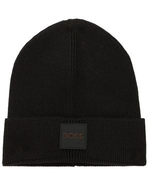 BOSS Logo-Patch Ribbed-Knit Beanie Hat - Black