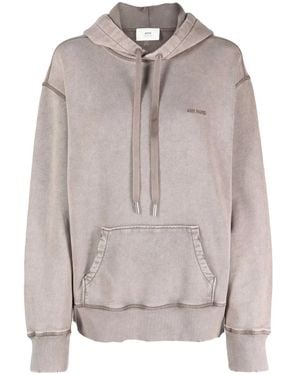 Ami Paris Logo-Embroidered Cotton Hoodie - Grey