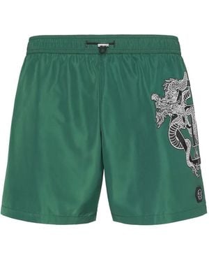 Philipp Plein Dragon-Print Swim Shorts - Green