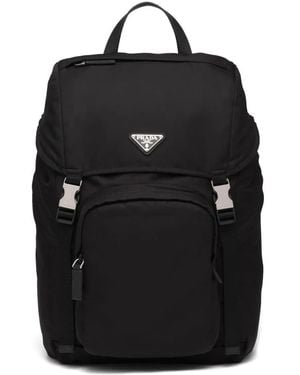 Prada Logo Plaque Drawstring Backpack - Black